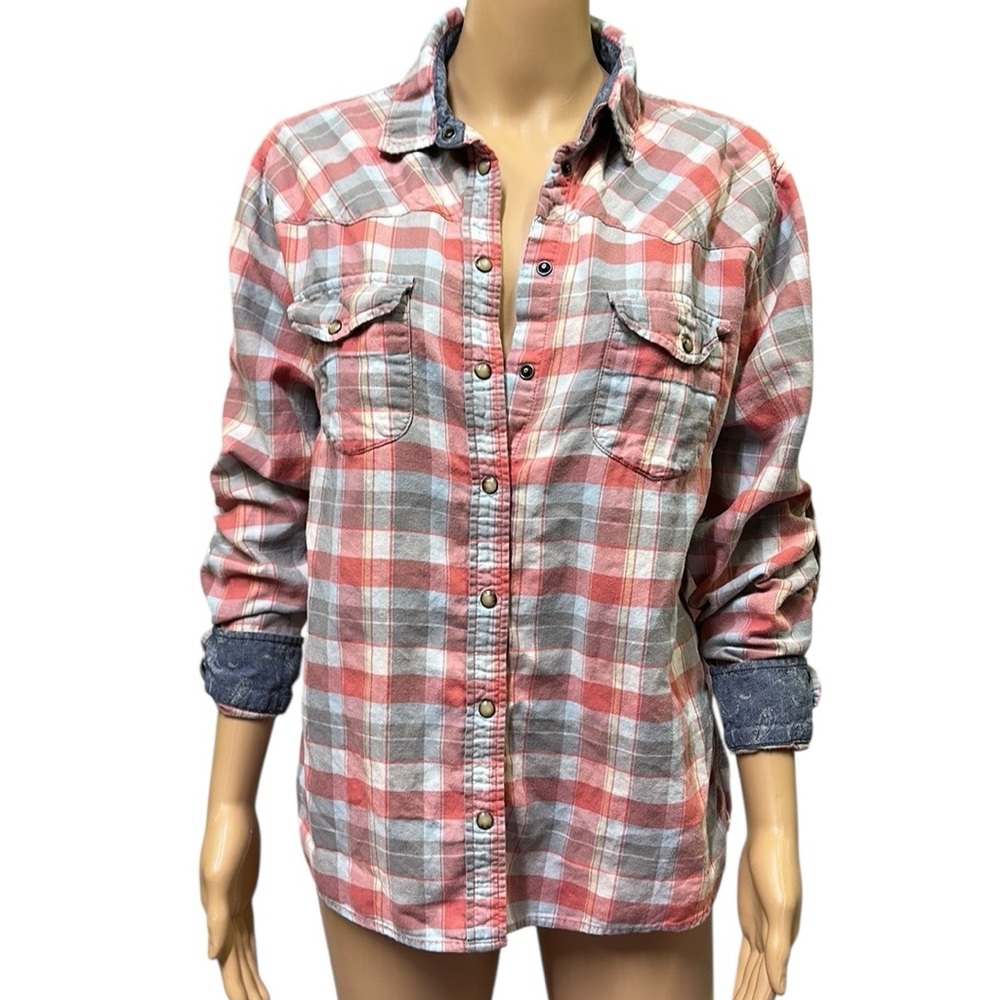 Jachs Girlfriend Bea Cotton Flannel Plaid Snap Up Roll Tab Long Sleeve Shirt L